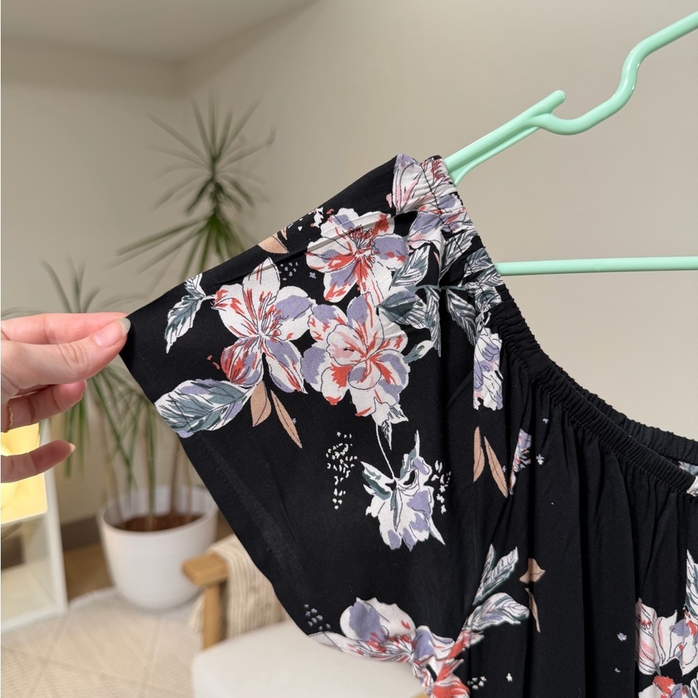 Women’s | Black Floral Off Shoulder Midi Dress Button Front | Size Medium - Picture 5 of 9